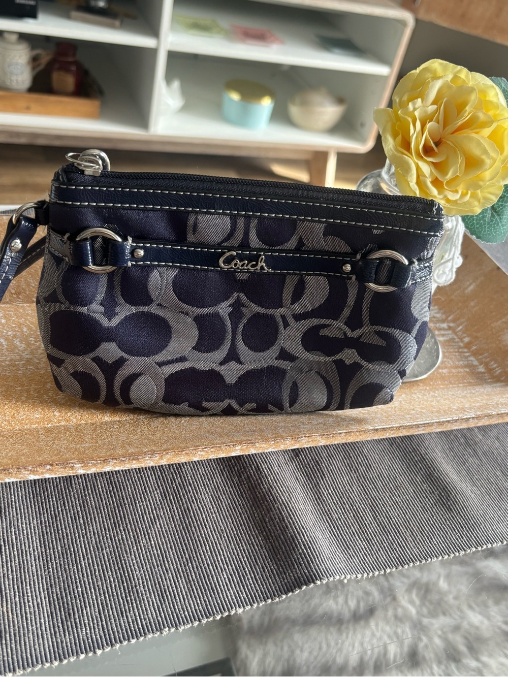 Coach Blue and Gray Signature Wristlet Pouch